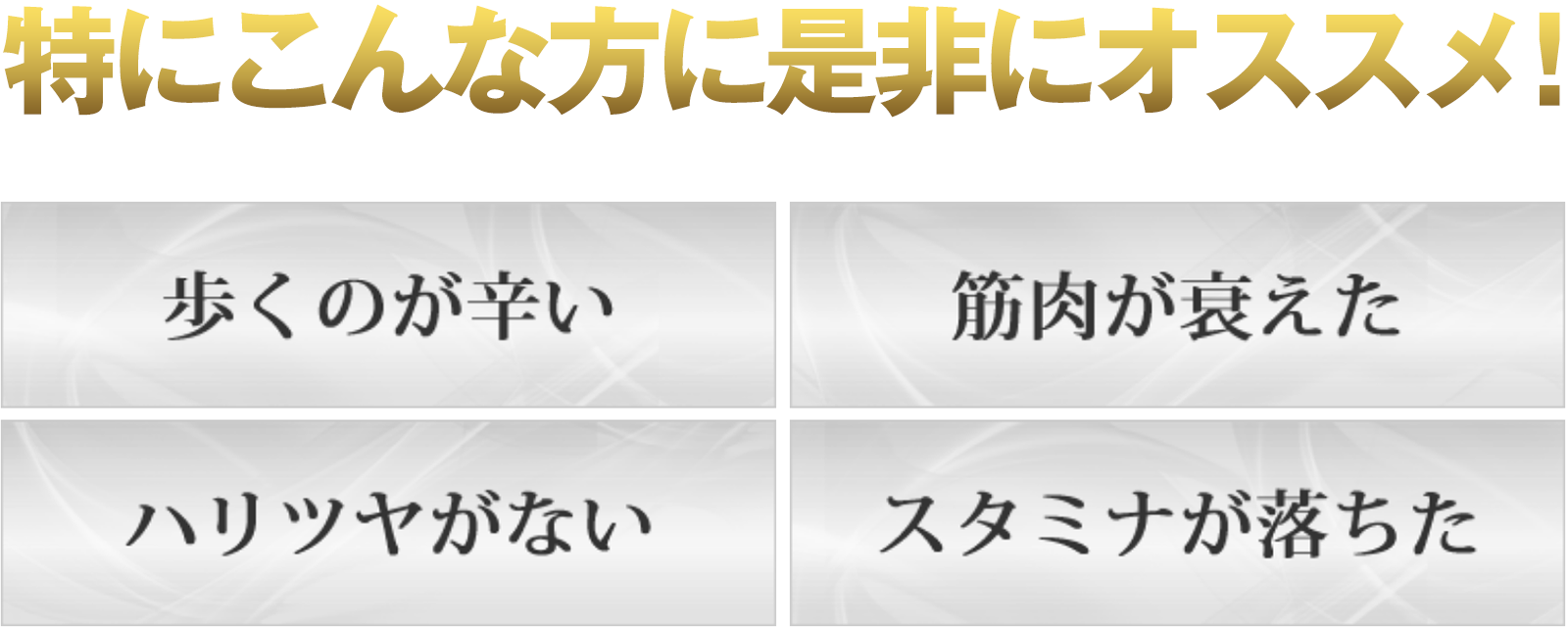 特にこんな方に是非にオススメ!歩くのが辛い。筋肉が衰えた。ハリツヤがない。スタミナが落ちた