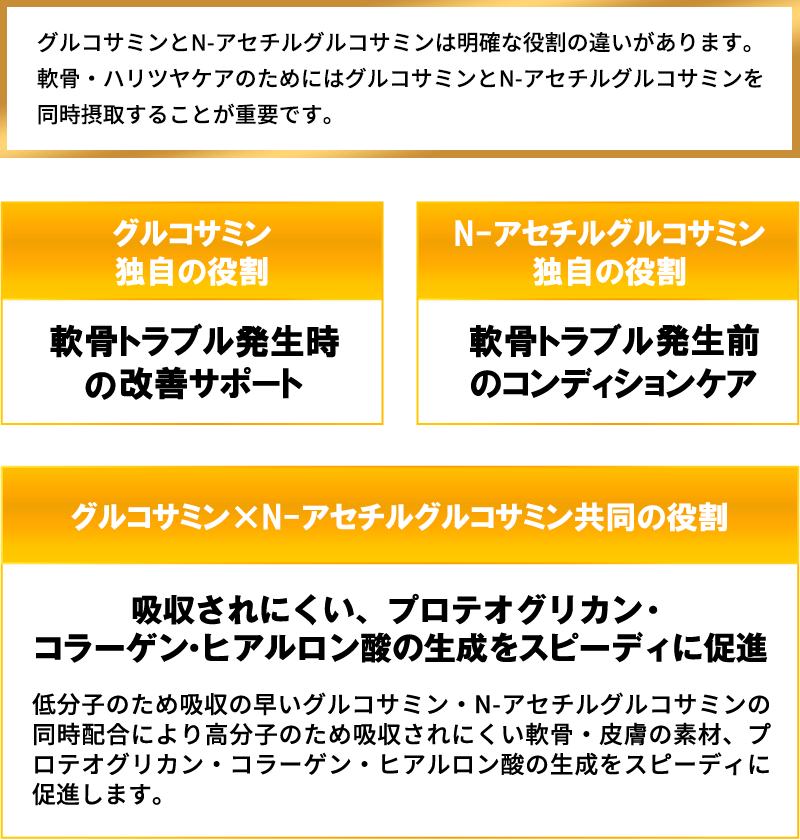 【グルコサミン独自の役割】軟骨トラブル発生時の改善サポート【N-アセチルグルコサミン独自の役割】軟骨トラブルが発生前のコンディションケア【グルコサミン×N-アセチルグルコサミン共同の役割】プロテオグリカン・コラーゲン・ヒアルロン酸の生成をスピーディに促進。低分子のため吸収の早いグルコサミン・N-アセチルグルコサミンの同時配合により高分子のため吸収されにくいプロテオグリカン・コラーゲン・ヒアルロン酸の生成をスピーディに促進します。