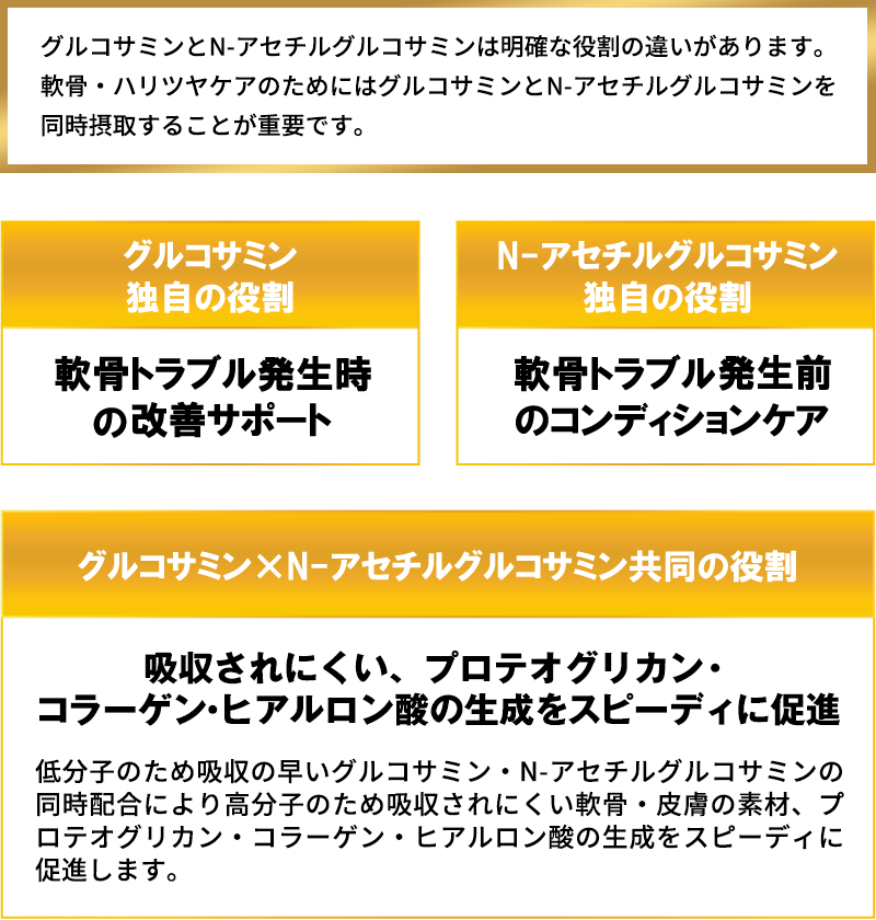 【グルコサミン独自の役割】軟骨トラブル発生時の改善サポート【N-アセチルグルコサミン独自の役割】軟骨トラブルが発生前のコンディションケア【グルコサミン×N-アセチルグルコサミン共同の役割】プロテオグリカン・コラーゲン・ヒアルロン酸の生成をスピーディに促進。低分子のため吸収の早いグルコサミン・N-アセチルグルコサミンの同時配合により高分子のため吸収されにくいプロテオグリカン・コラーゲン・ヒアルロン酸の生成をスピーディに促進します。