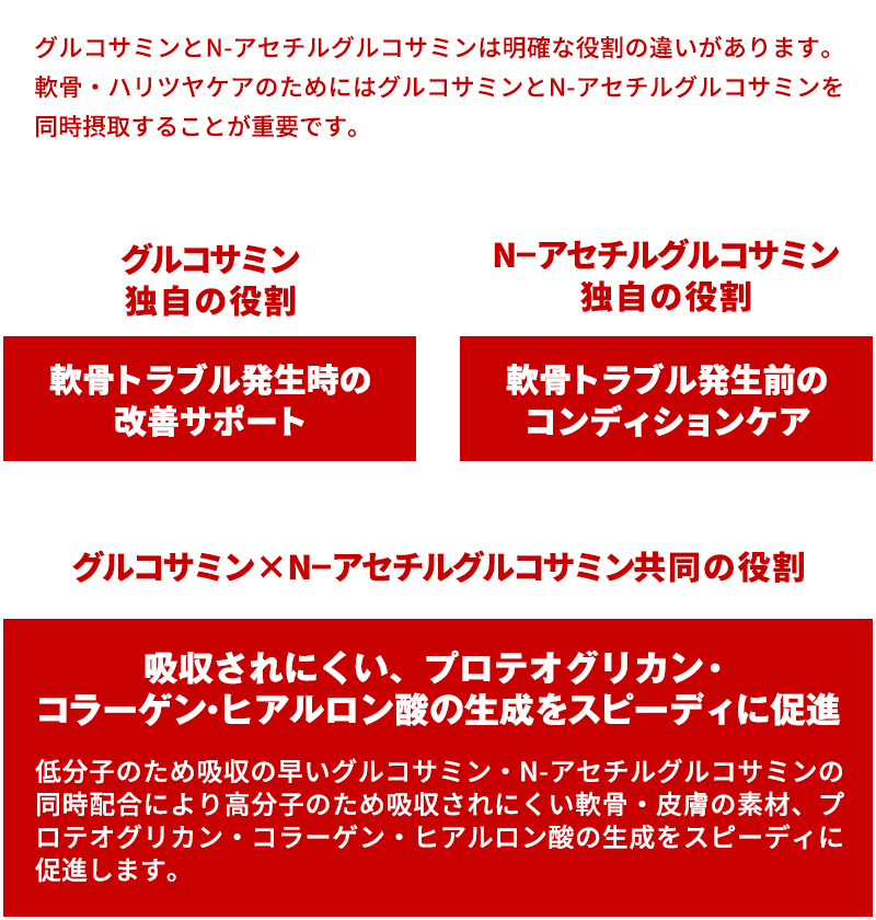 【グルコサミン独自の役割】軟骨トラブル発生時の改善サポート【N-アセチルグルコサミン独自の役割】軟骨トラブルが発生前のコンディションケア【グルコサミン×N-アセチルグルコサミン共同の役割】プロテオグリカン・コラーゲン・ヒアルロン酸の生成をスピーディに促進。低分子のため吸収の早いグルコサミン・N-アセチルグルコサミンの同時配合により高分子のため吸収されにくいプロテオグリカン・コラーゲン・ヒアルロン酸の生成をスピーディに促進します。