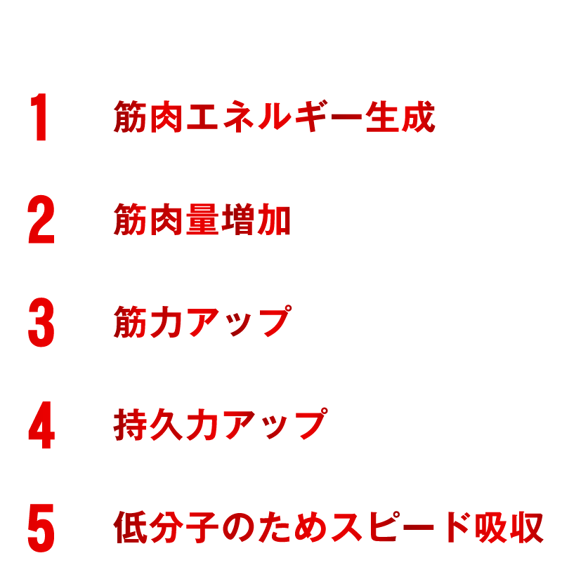 クレアチンの役割 1：筋肉エネルギー生成　2：筋肉量増加　3：筋力アップ　4：持久力アップ　5：低分子のためスピード吸収